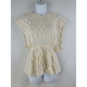 Anthropologie Moth Poncho Crochet Open Knit Hooded Sweater V Neck Medium Ivory